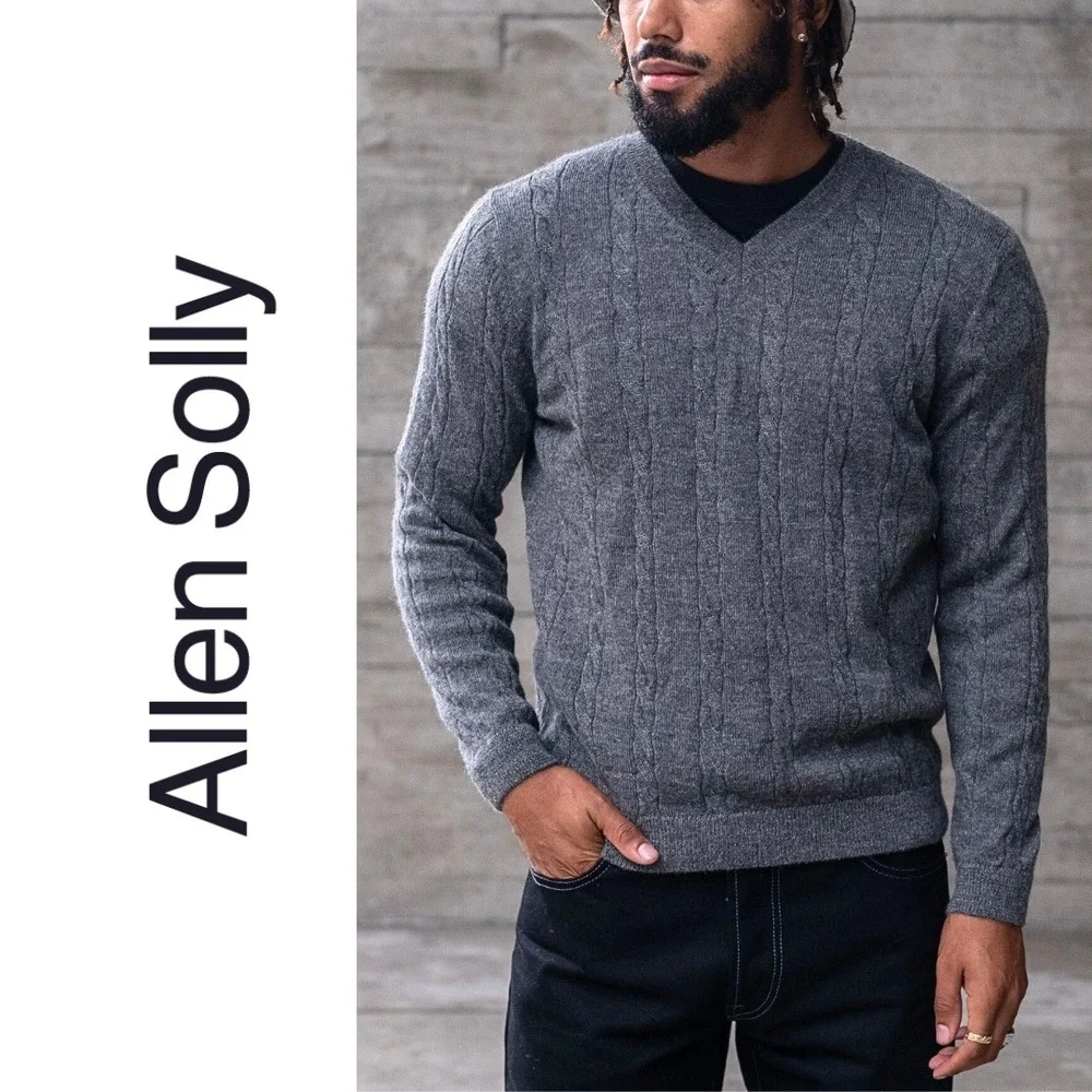 Allen Solly, Men's XXL Gray Cable Knit V-Neck‎ 100% Cashmere Sweater